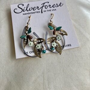 Silver Forest Green, Gold & Silver Floral Hoop Earrings